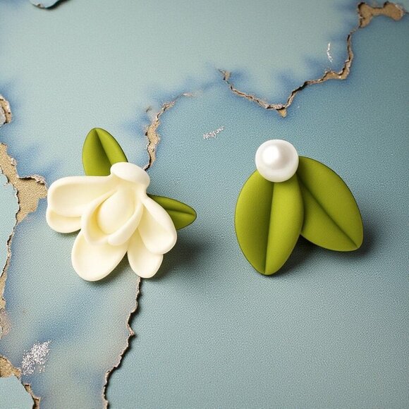 ๐๏ธ Flower Faux Pearl Asymmetrical Cute Fashion Statement Trendy Stud Earrings - Picture 10 of 12